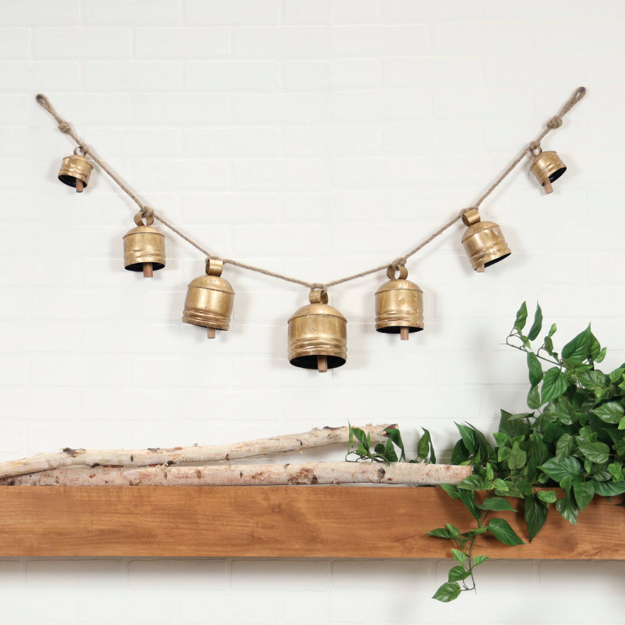 Gold Metal Tibetan Inspired String Hanging Decorative Cow Bells with Jute Hanging Rope